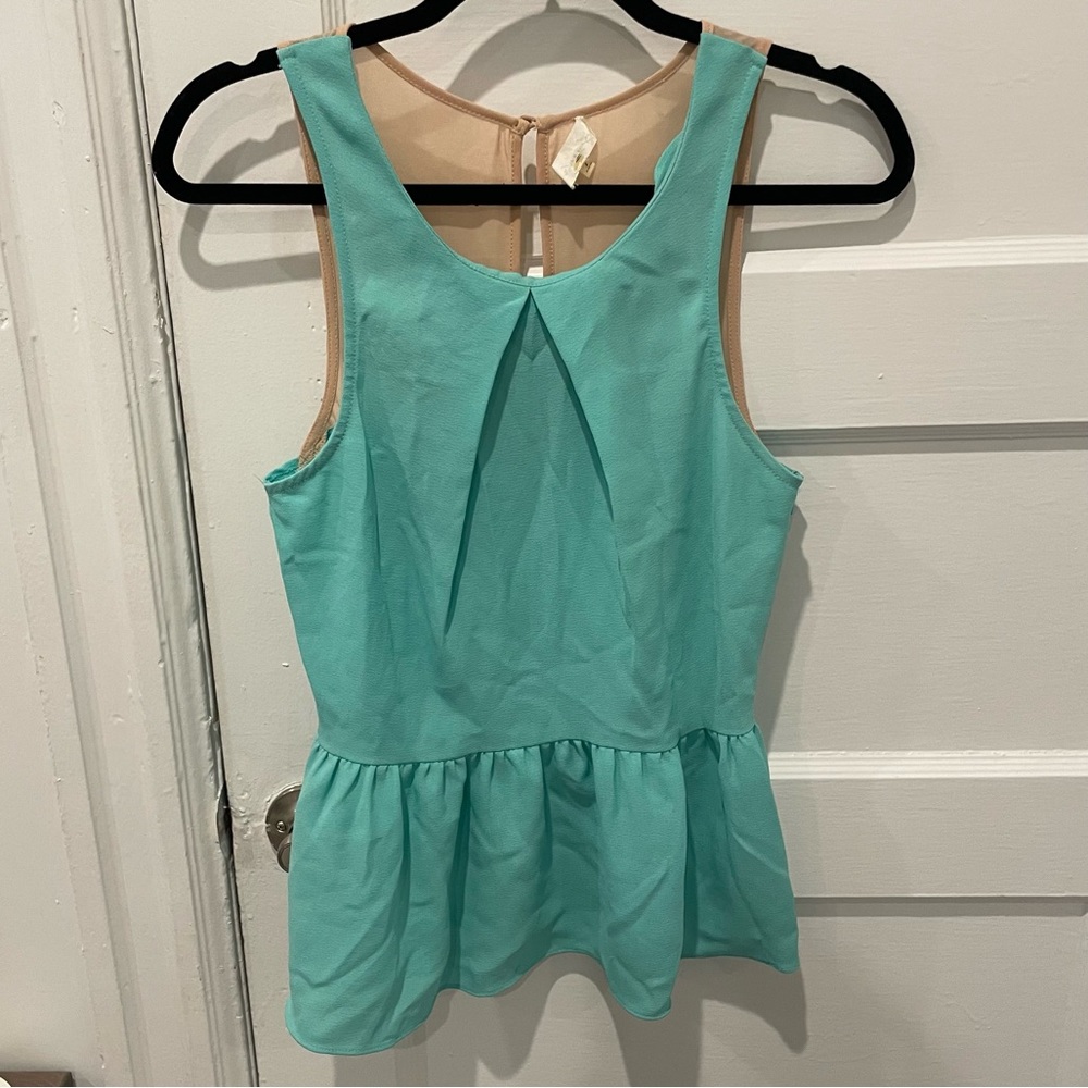 Teal peplum tank with sheer tan back
